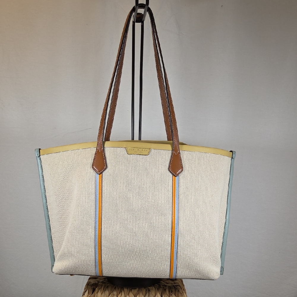 Tory Burch Perry Canvas Leather Cream Tote with Brown Blue Orange Teal Accents